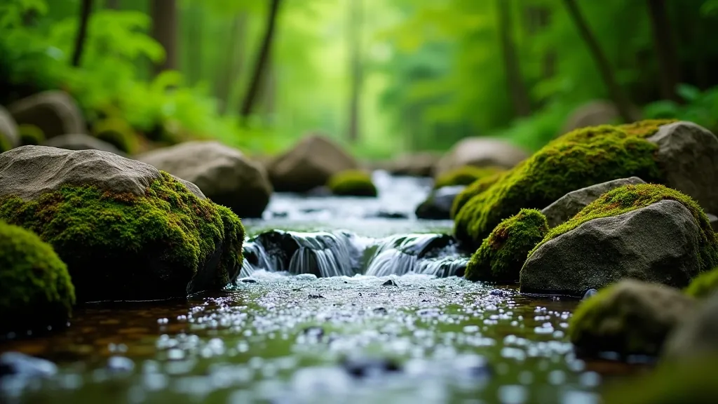 Scenic forest stream flowing over moss-covered rocks surrounded by hiking trail