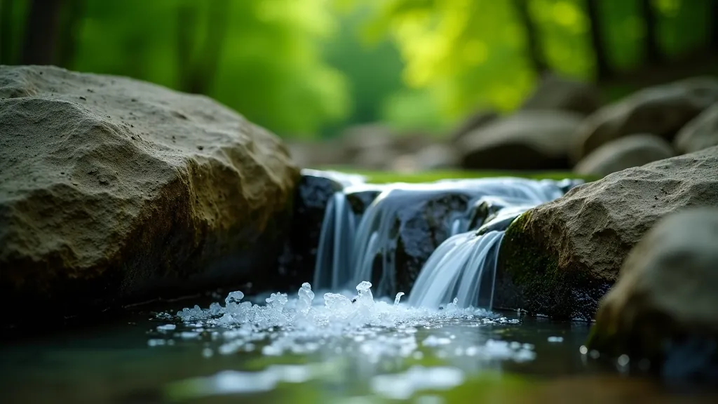 Clear spring water flowing from rocky outcrop with green forest backdrop