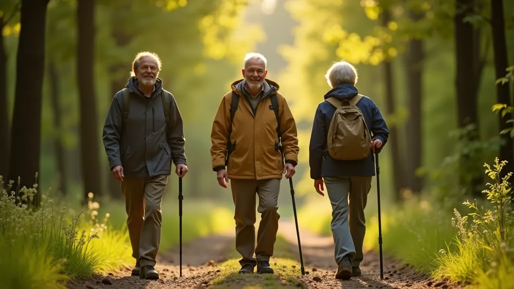 Group of three hikers walking together on a forest trail, demonstrating conversational pace with relaxed posture