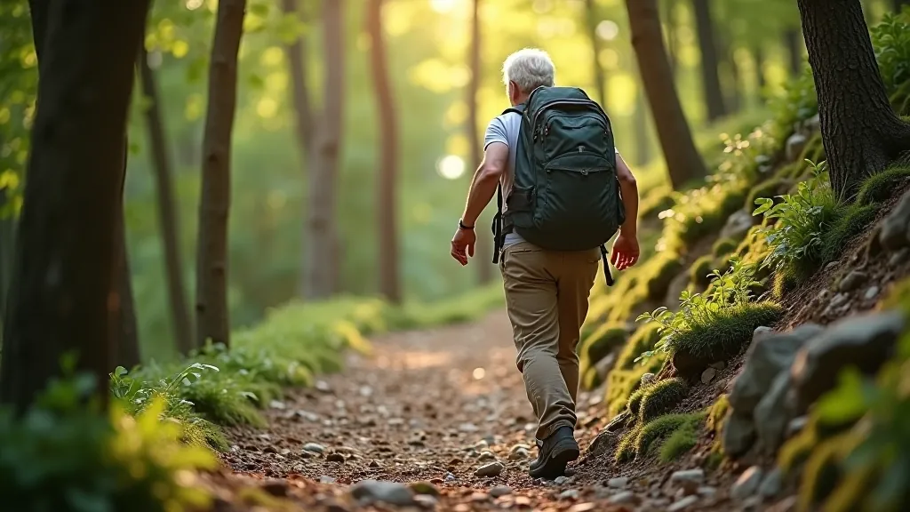 Hiker descending a steep sandstone trail carefully, demonstrating proper downhill technique