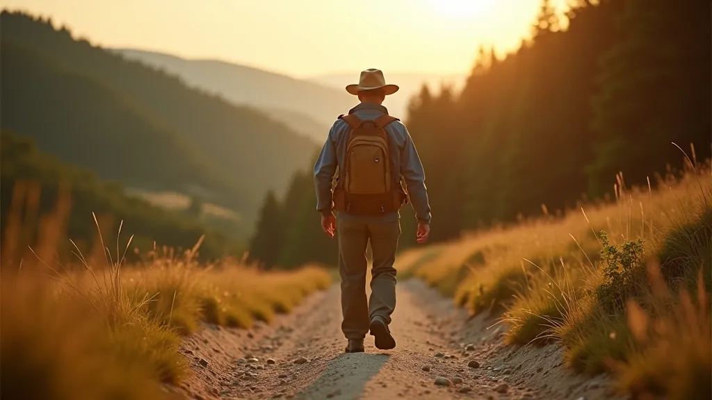 Hiker on a wide sandstone trail in Český ráj, walking at a comfortable steady pace with good posture