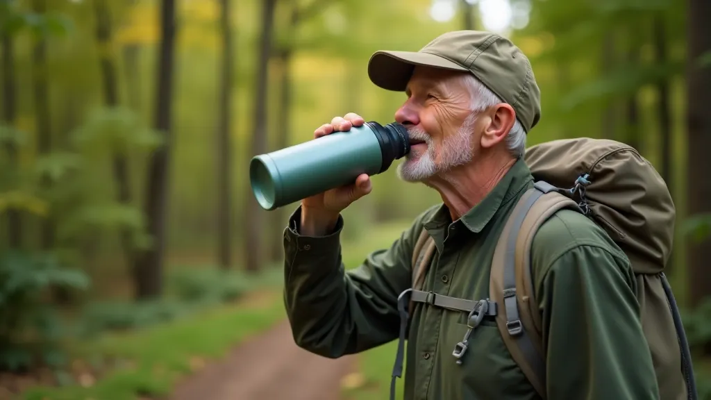 Hiker drinking water from reusable bottle at rest stop with forest view