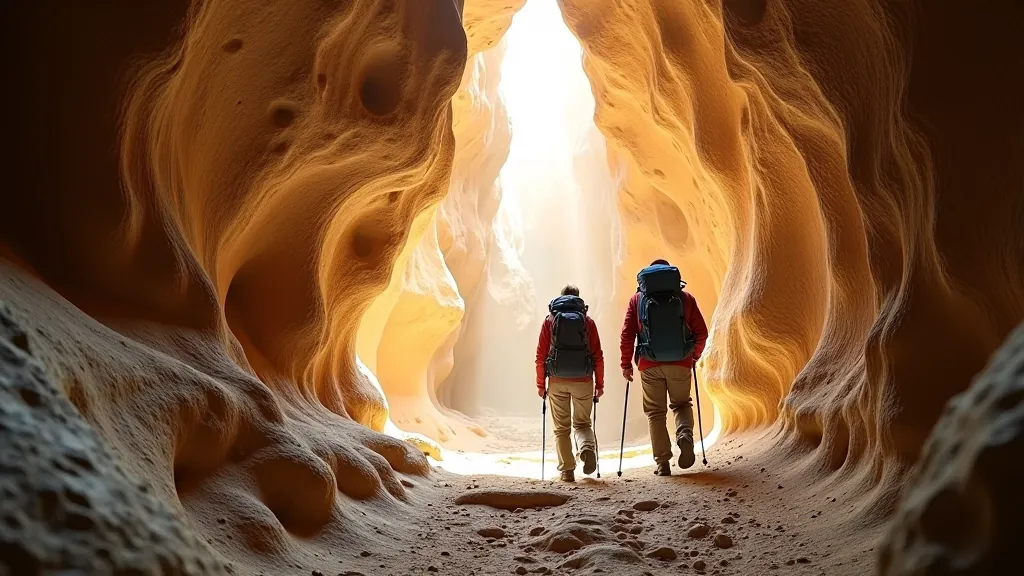 Hikers walking through spacious sandstone chambers with natural light from above, stone steps visible, Labyrinth trail
