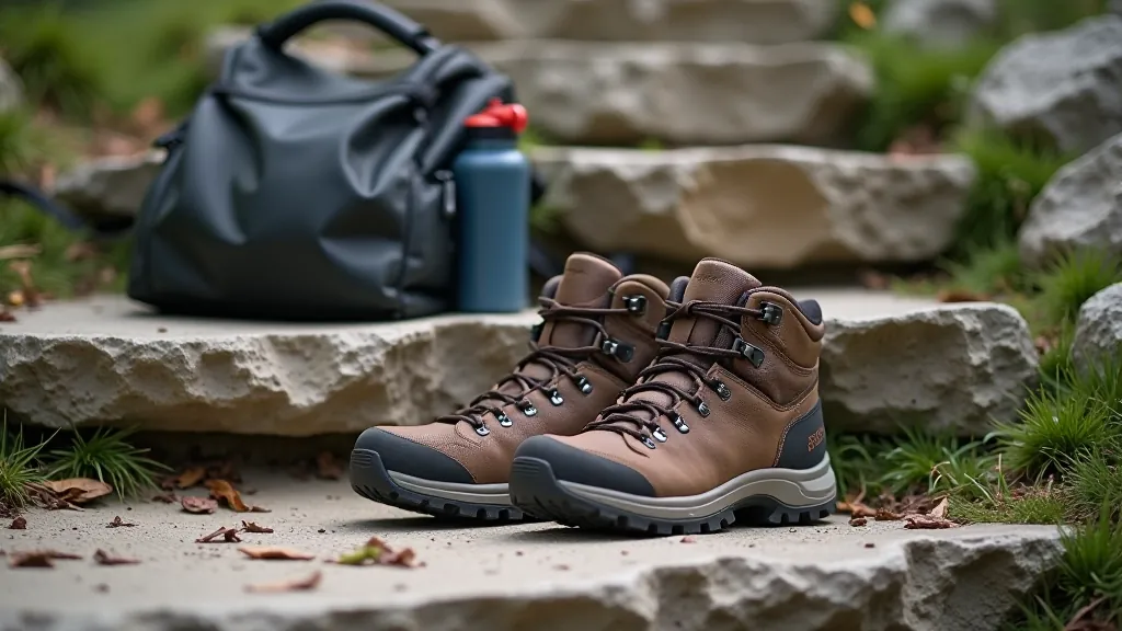 Hiking boots on stone steps with backpack and water bottle, outdoor hiking gear preparation