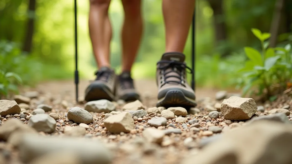 Close-up of hiking boots on rocky trail with walking poles, surrounded by green vegetation