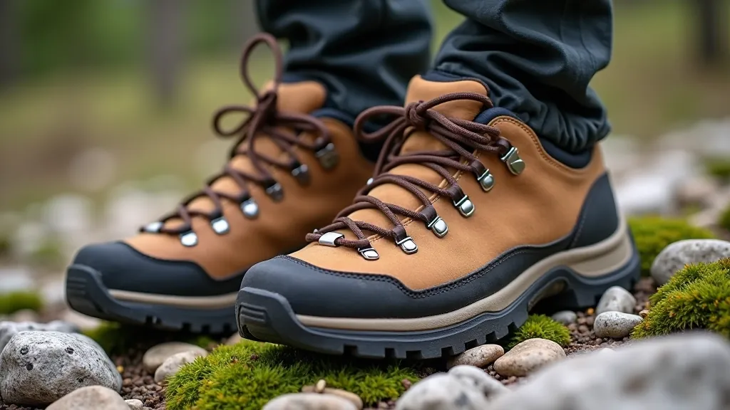 Pair of well-worn hiking shoes with thick tread and reinforced sides on rocky trail surface