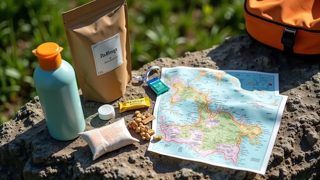 Hiking backpack contents including water bottle, trail snacks, first aid kit, and sun protection laid out on outdoor surface