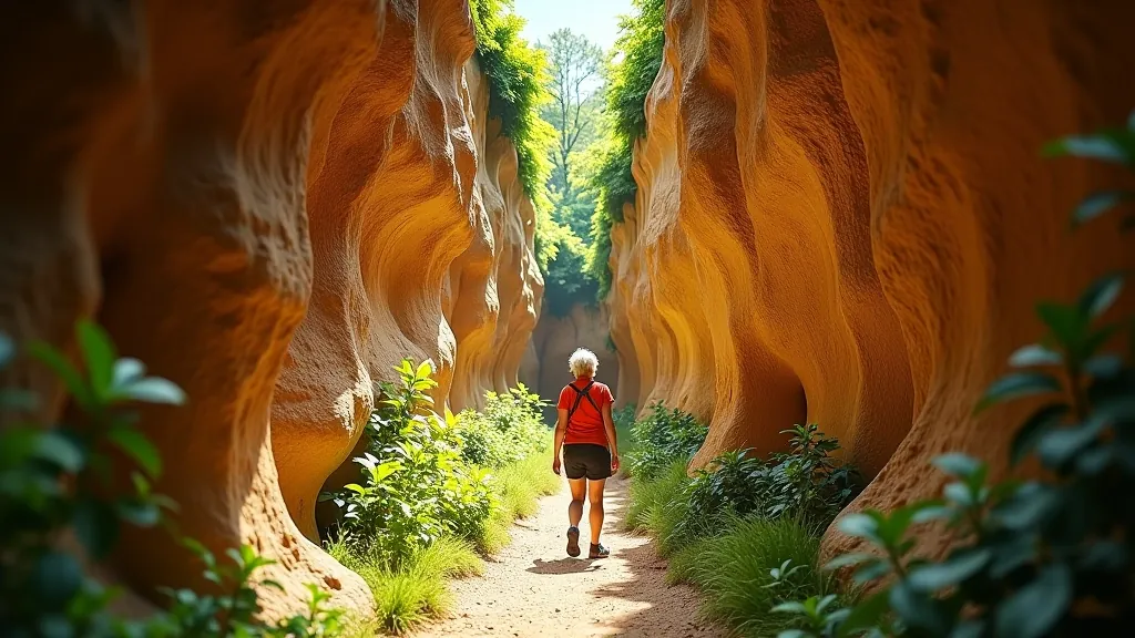Narrow sandstone passages with natural light filtering through rock formations in Labyrinth trail, Český ráj