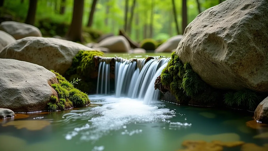 Natural spring water flowing from rocks, fresh water source in forest