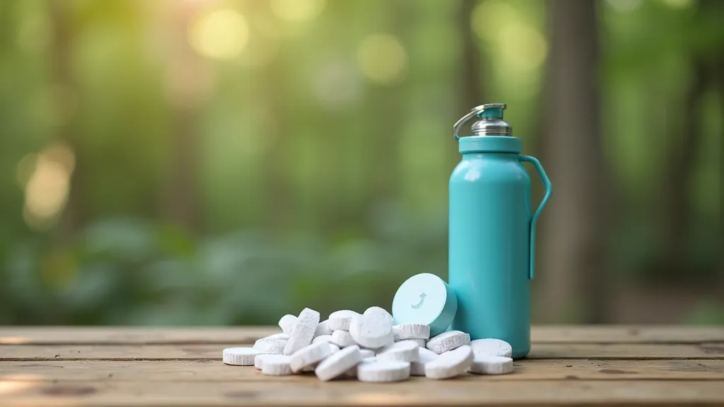 Water filtration equipment and purification tablets laid out on wooden surface