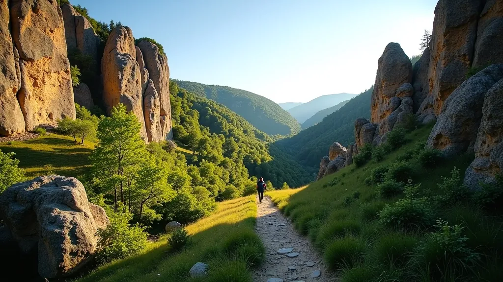 Distinctive sandstone rock formations and natural stone arches on hiking trail
