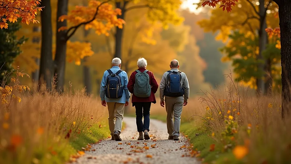 Group of seniors hiking on a scenic sandstone trail in Český Ráj