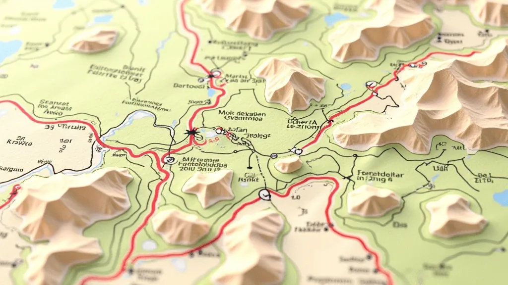 Topographic map of Český ráj with marked hiking trails and distance indicators