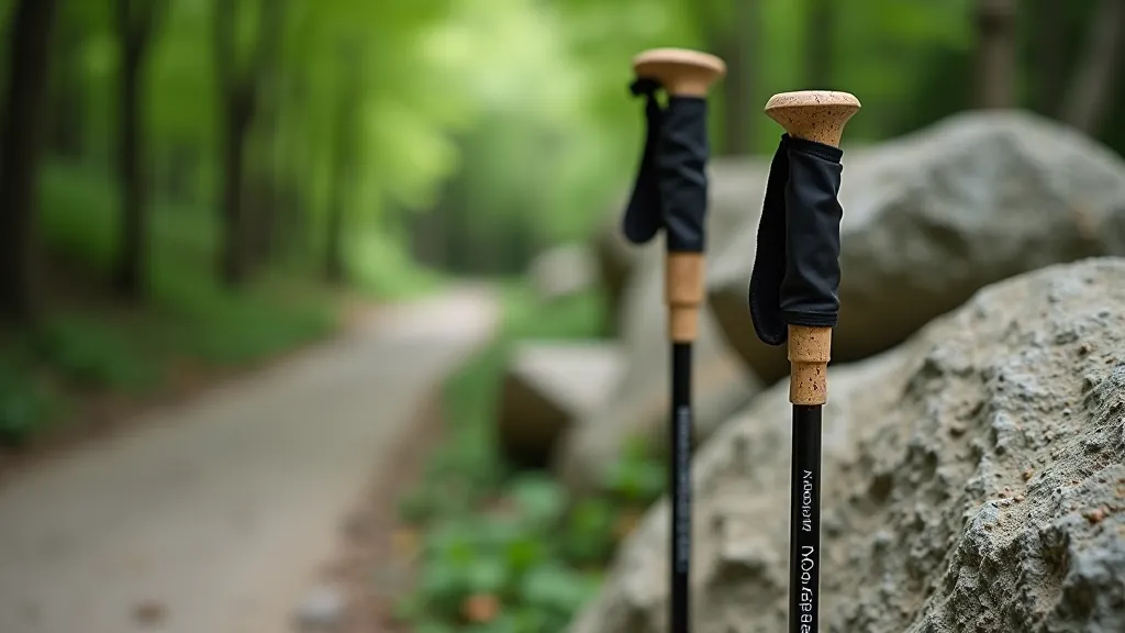 Pair of lightweight trekking poles with wrist straps leaning against rocks on hiking trail