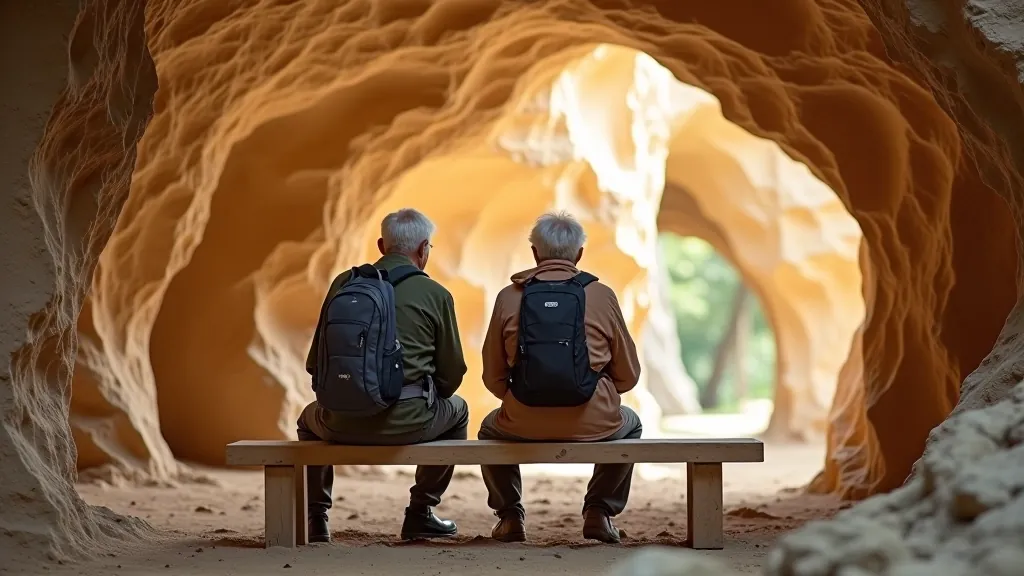 Older adults resting on wooden bench inside sandstone chamber with natural light, hiking trail