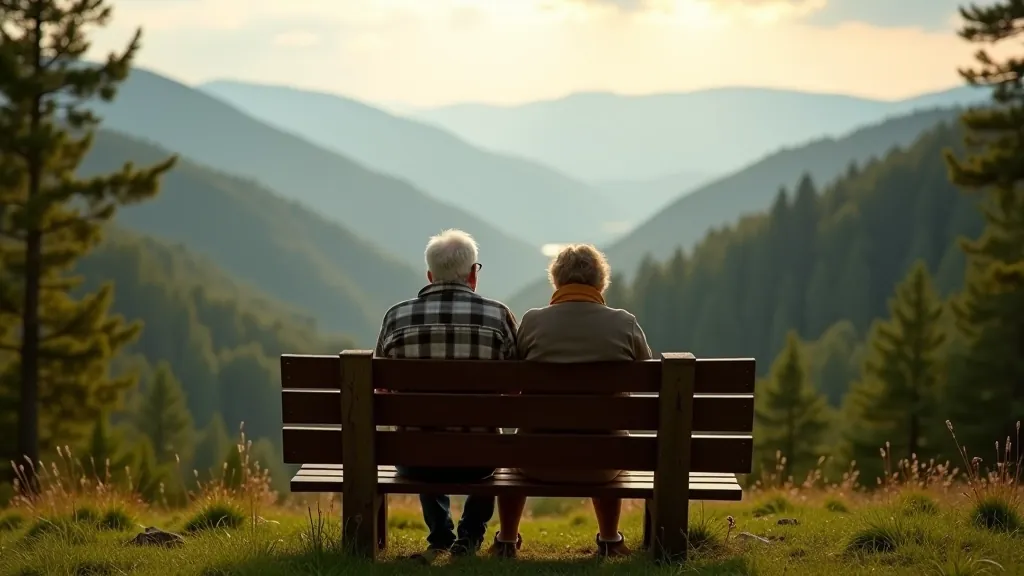 Two people resting on wooden bench during hiking break, forest scenery